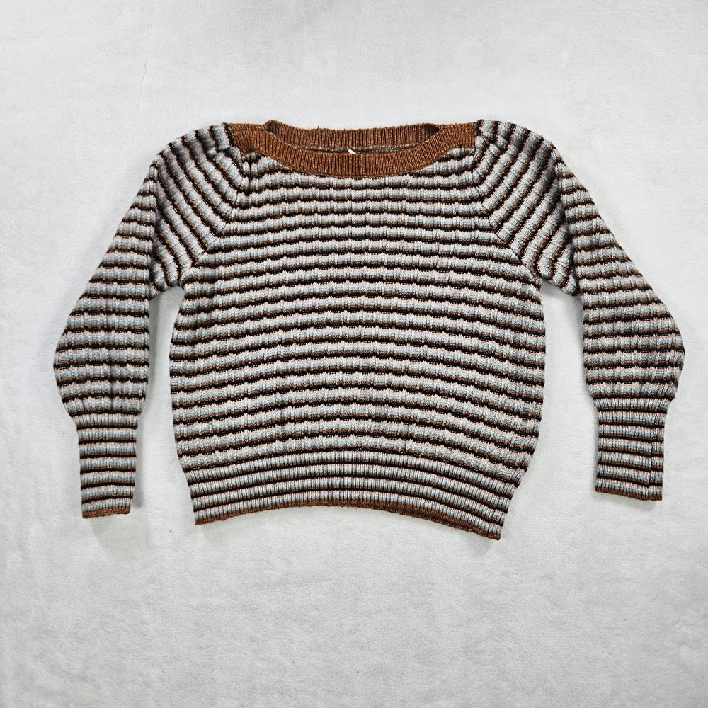 Nine West Womens Medium Striped Knit Sweater Brown Blue Boat Neck Long Sleeve